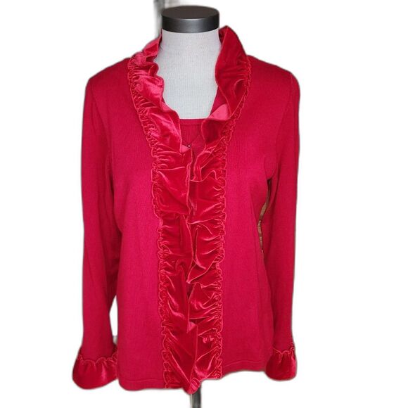 Elementz Women's Red Velvet Ruffle Knit Top Cardigan Size M - Picture 1 of 8
